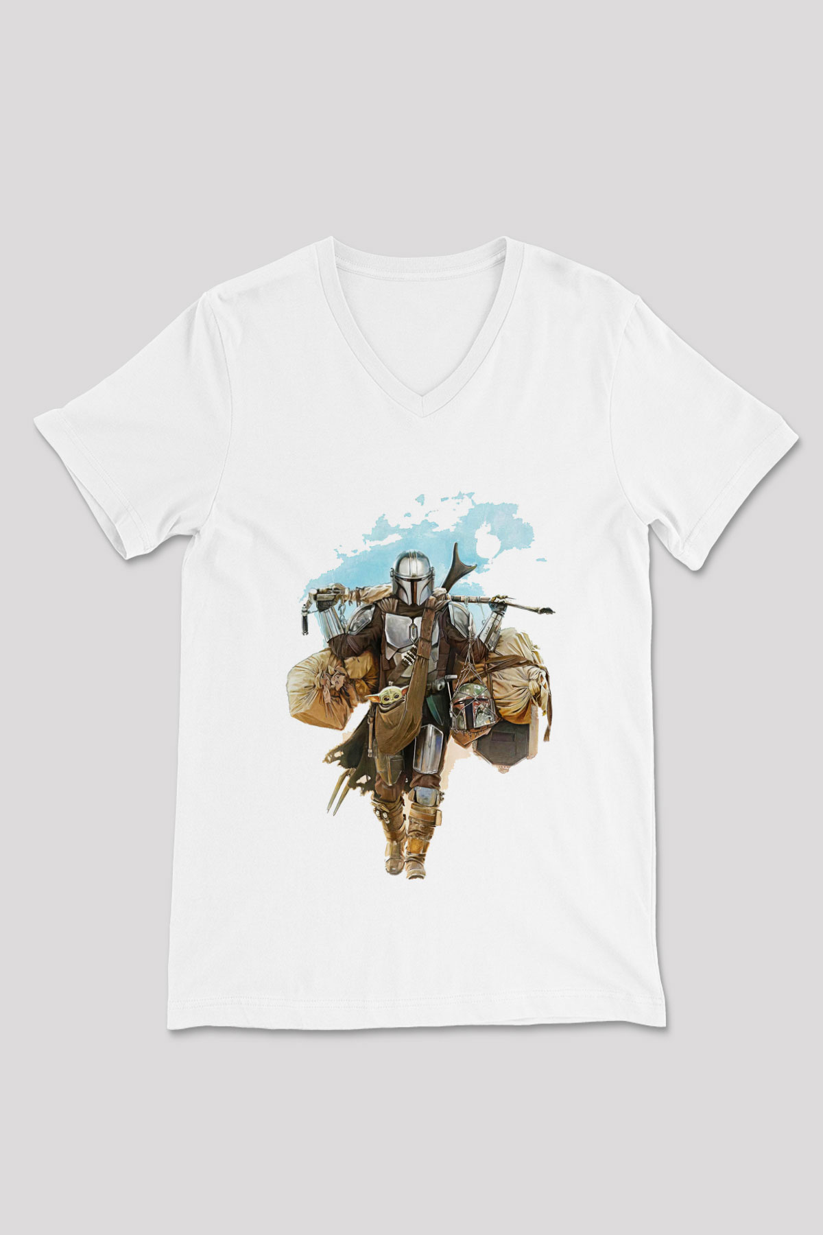 Mandalorian Baskılı Beyaz Unisex V Yaka Tişört - Tshirt