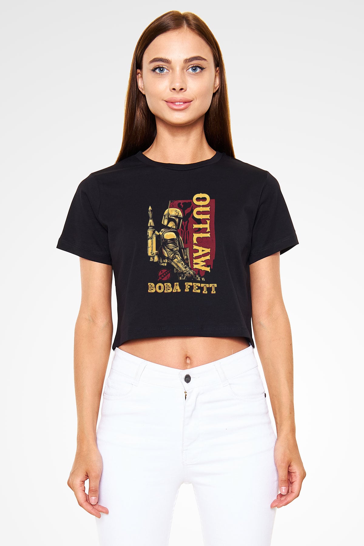 Mandalorian Baskılı Siyah Crop Top Kadın Tişört - Tshirt