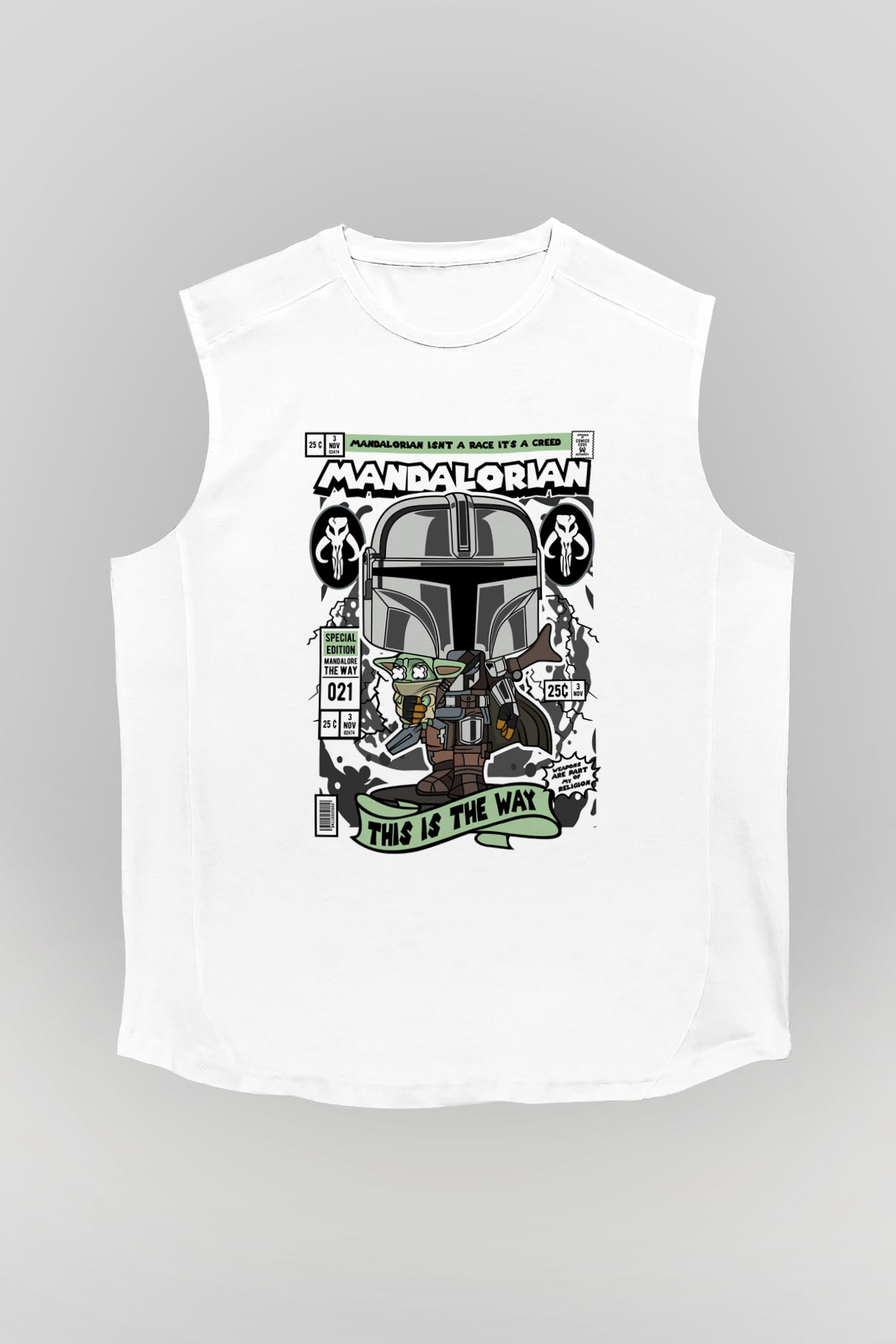 Mandalorian Baskılı Unisex Beyaz Kolsuz Tişört