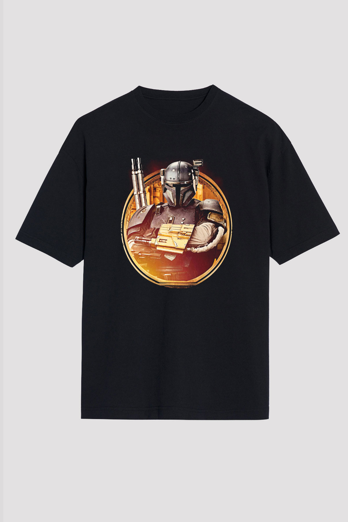 Mandalorian Baskılı Unisex Siyah Oversize Tişört - Tshirt