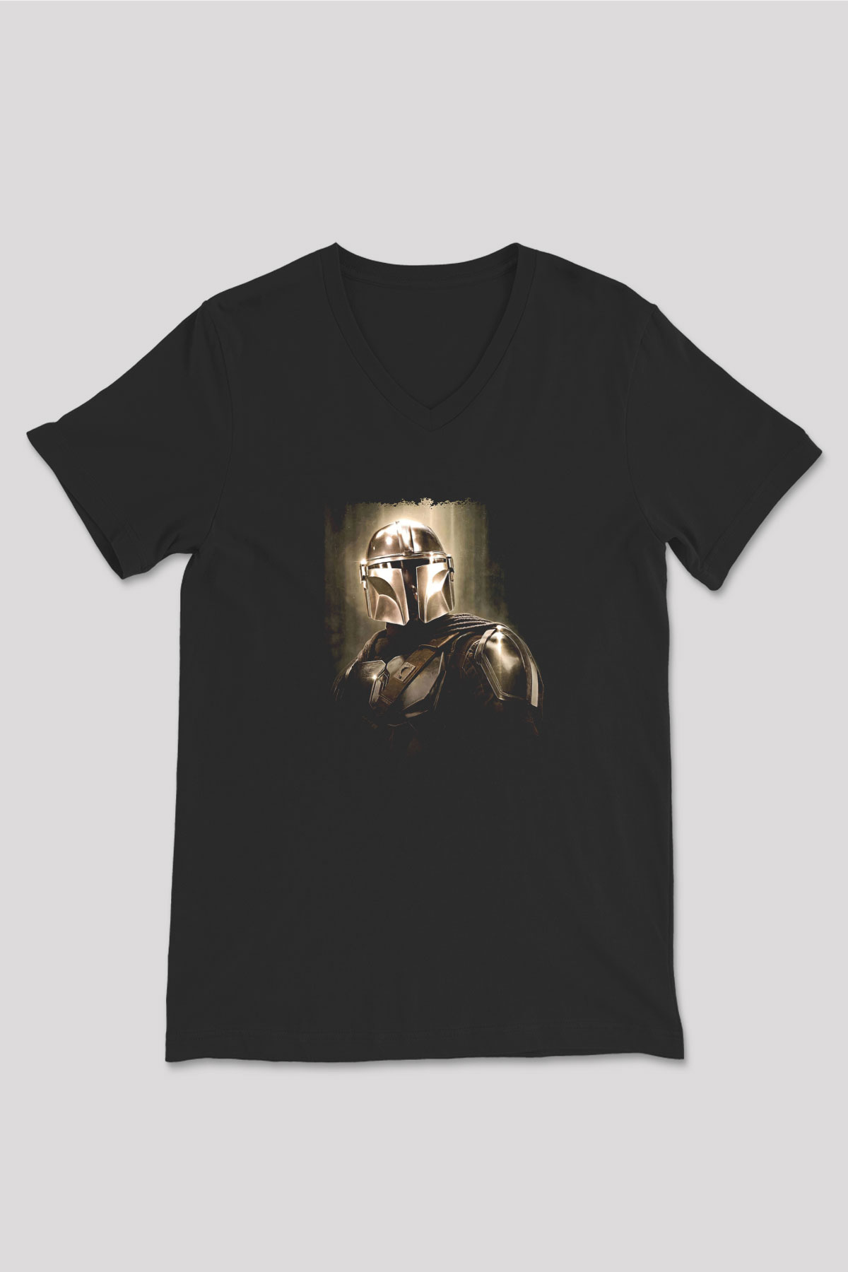 Mandalorian Baskılı Unisex Siyah V Yaka Tişört - Tshirt
