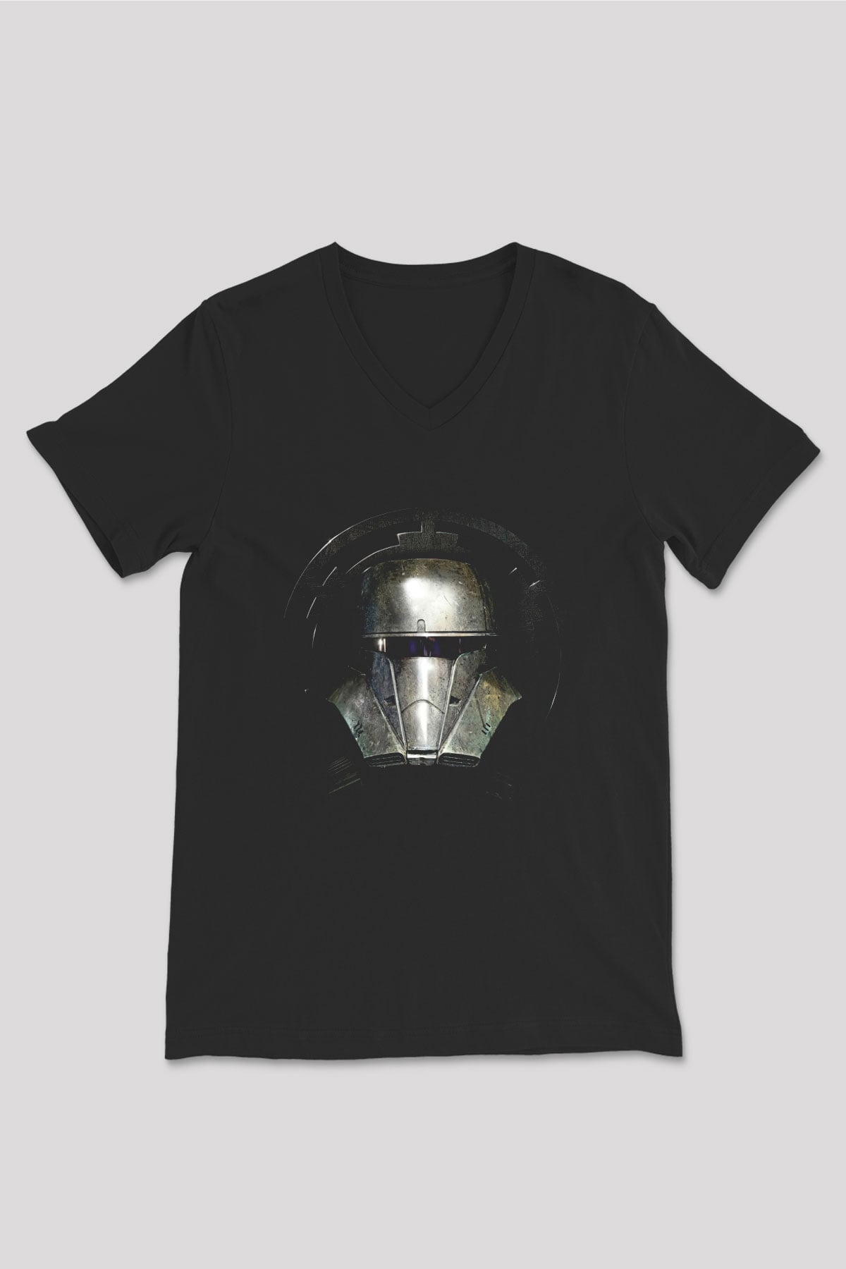 Mandalorian Baskılı Unisex Siyah V Yaka Tişört - Tshirt
