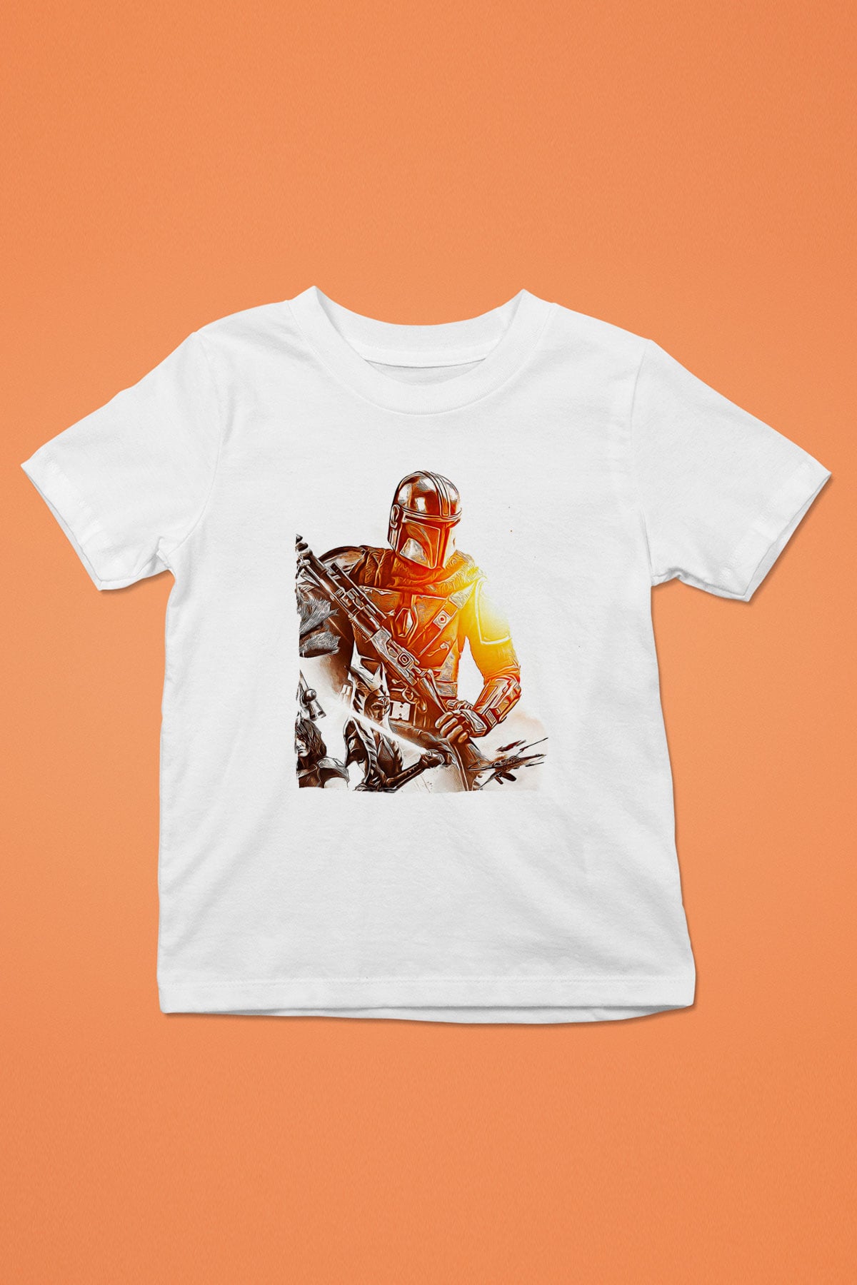 Mandolarian Baskılı Beyaz Unisex Beyaz Çocuk Tişört - Tshirt