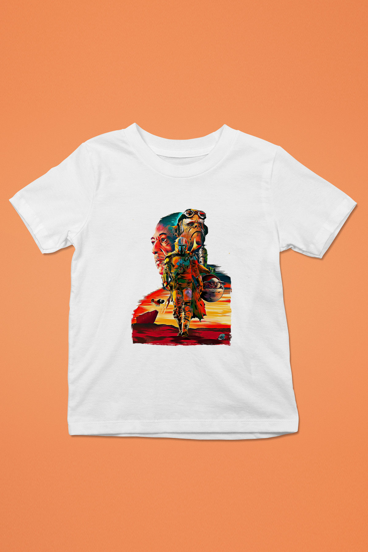 Mandolarian Baskılı Beyaz Unisex Beyaz Çocuk Tişört - Tshirt