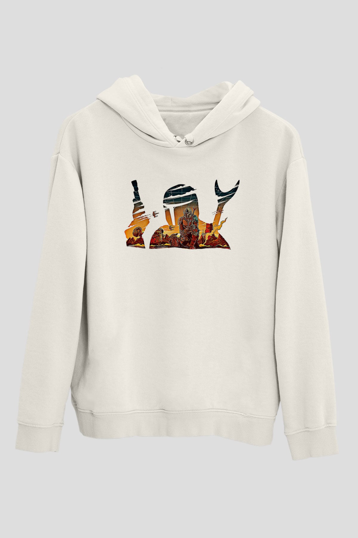Mandolarian Baskılı Beyaz Unisex Hoodie