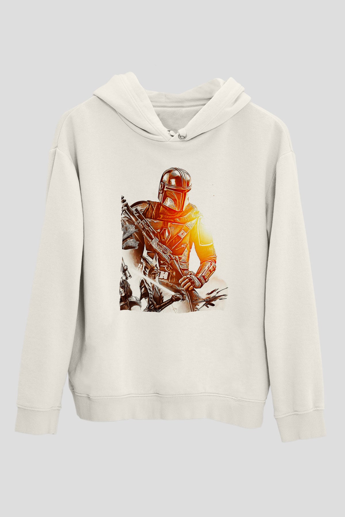 Mandolarian Baskılı Beyaz Unisex Hoodie