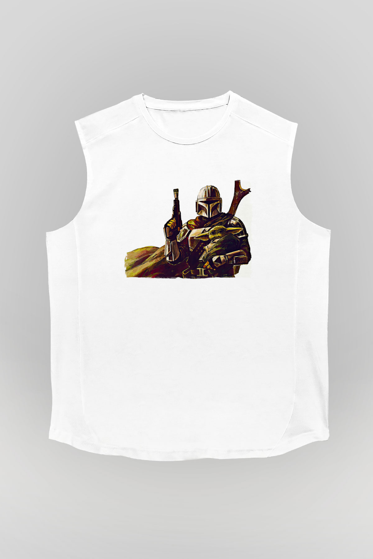 Mandolarian Baskılı Beyaz Unisex Kolsuz Tişört - Tshirt