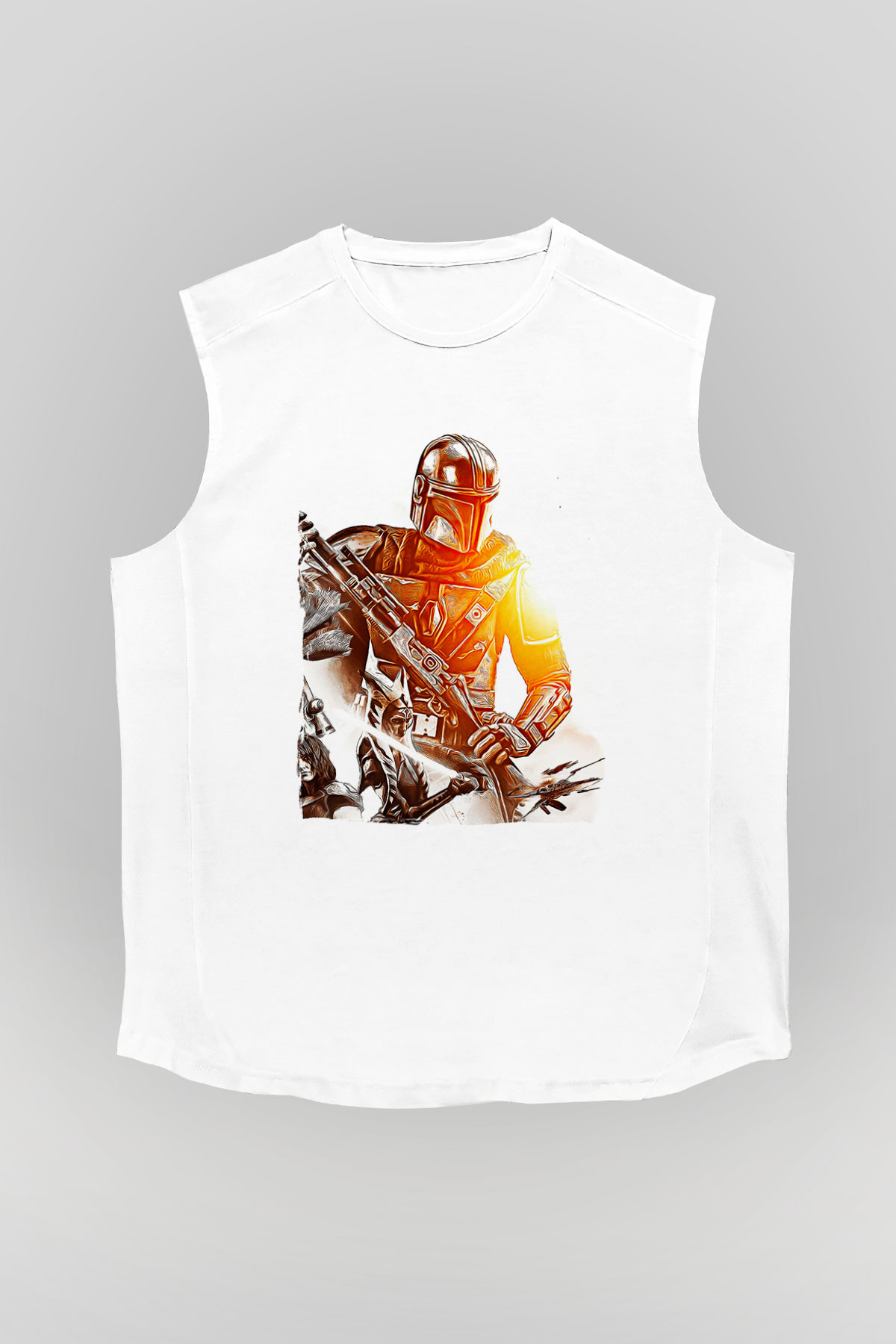 Mandolarian Baskılı Beyaz Unisex Kolsuz Tişört - Tshirt