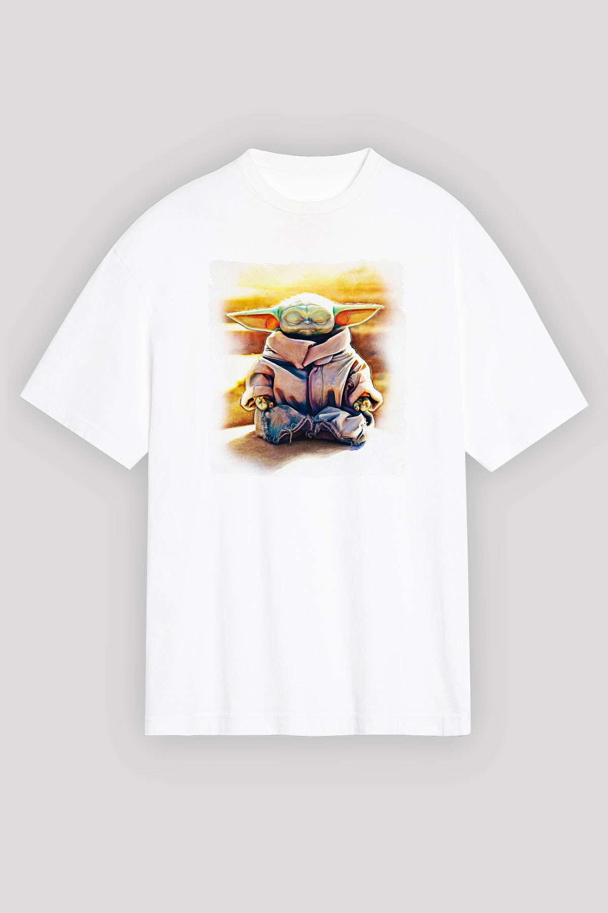 Mandolarian Baskılı Beyaz Unisex Oversize Tişört - Tshirt