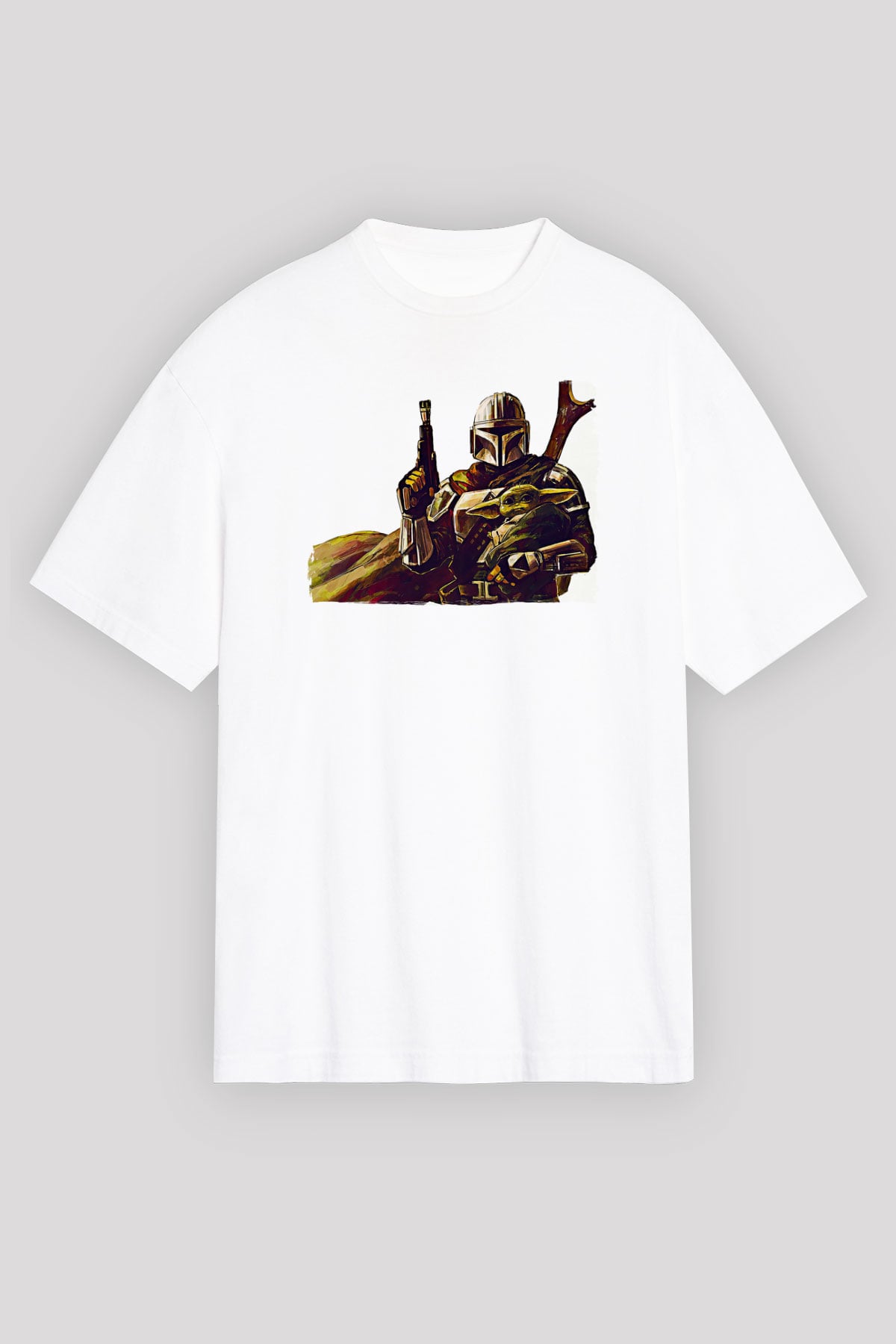 Mandolarian Baskılı Beyaz Unisex Oversize Tişört - Tshirt
