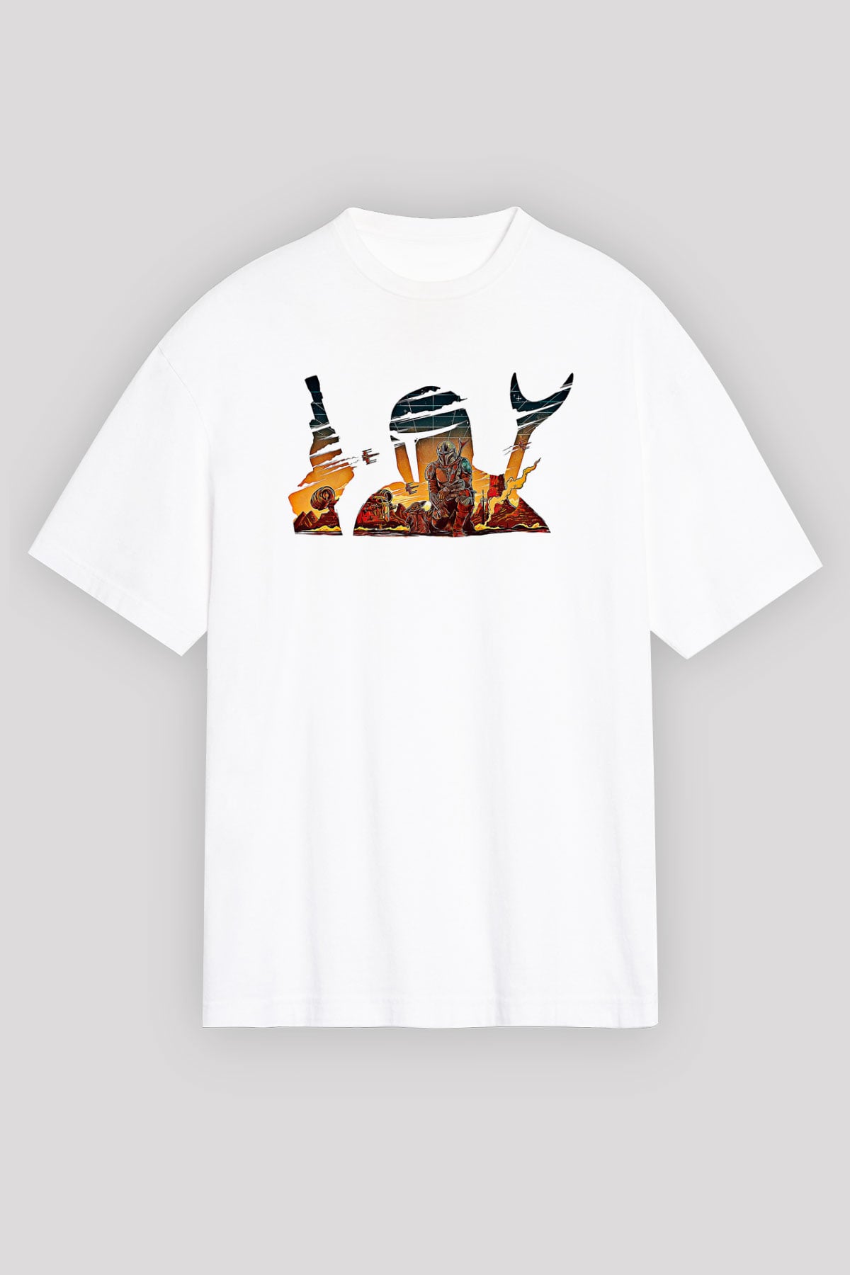Mandolarian Baskılı Beyaz Unisex Oversize Tişört - Tshirt