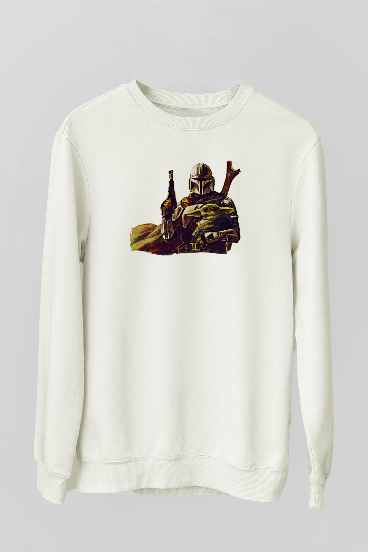 Mandolarian Baskılı Beyaz Unisex Sweatshirt