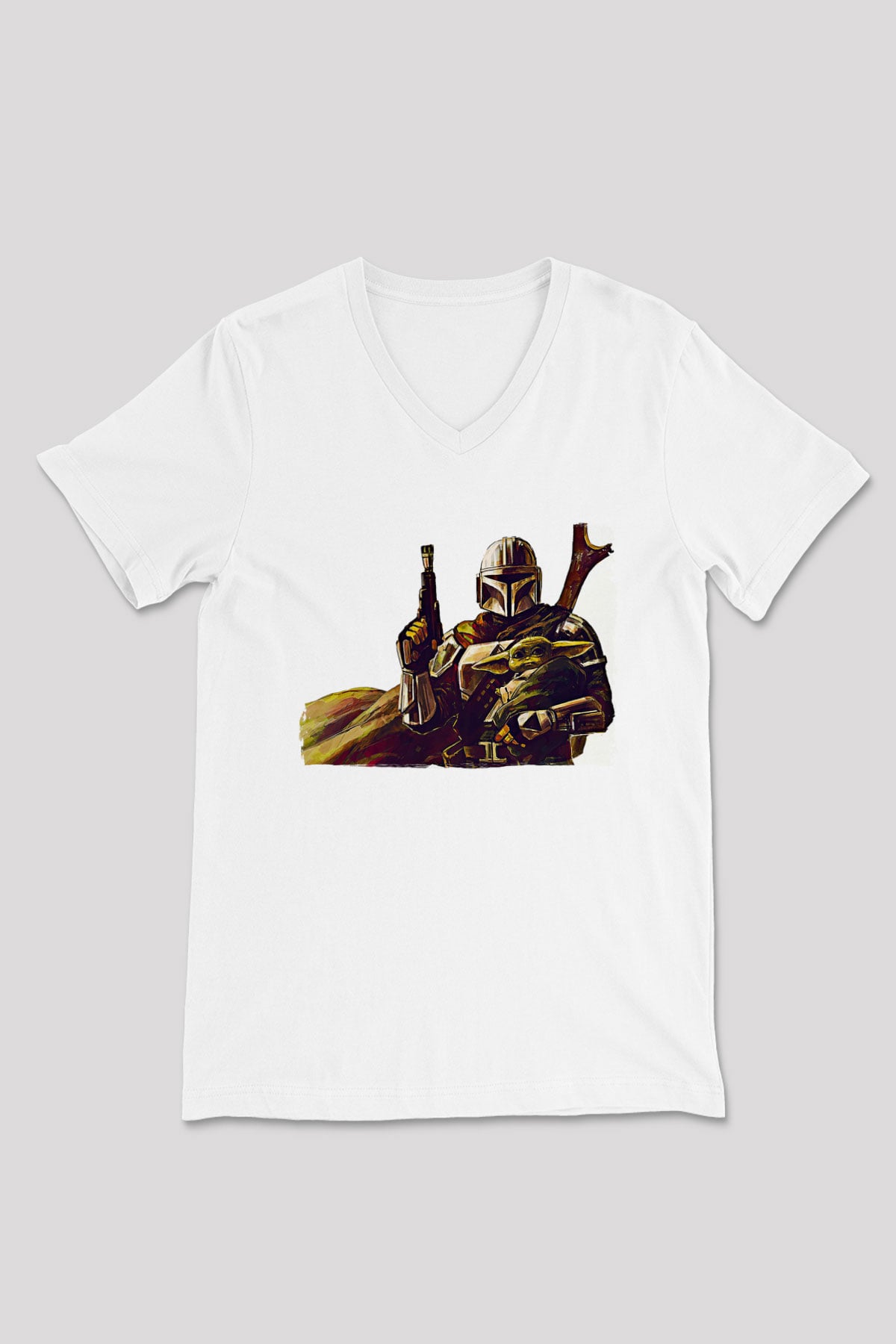 Mandolarian Baskılı Beyaz Unisex V Yaka Tişört - Tshirt