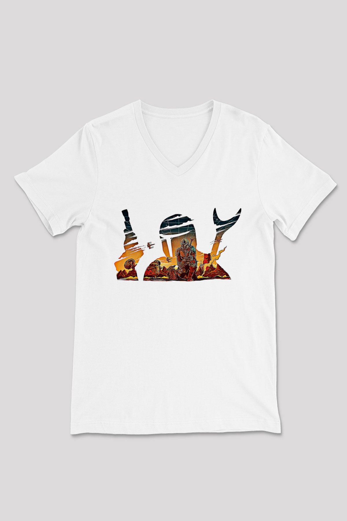 Mandolarian Baskılı Beyaz Unisex V Yaka Tişört - Tshirt