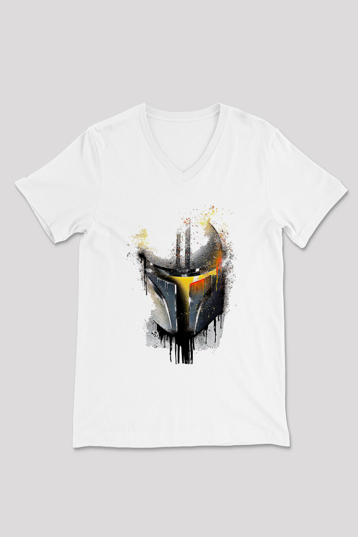 Mandolarian Baskılı Beyaz Unisex V Yaka Tişört - Tshirt