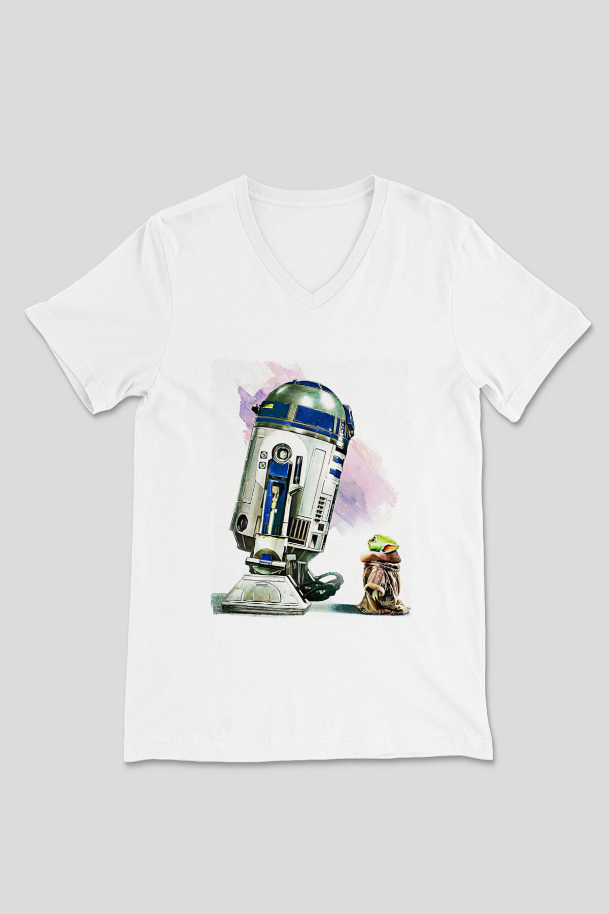 Mandolarian Baskılı Beyaz Unisex V Yaka Tişört - Tshirt