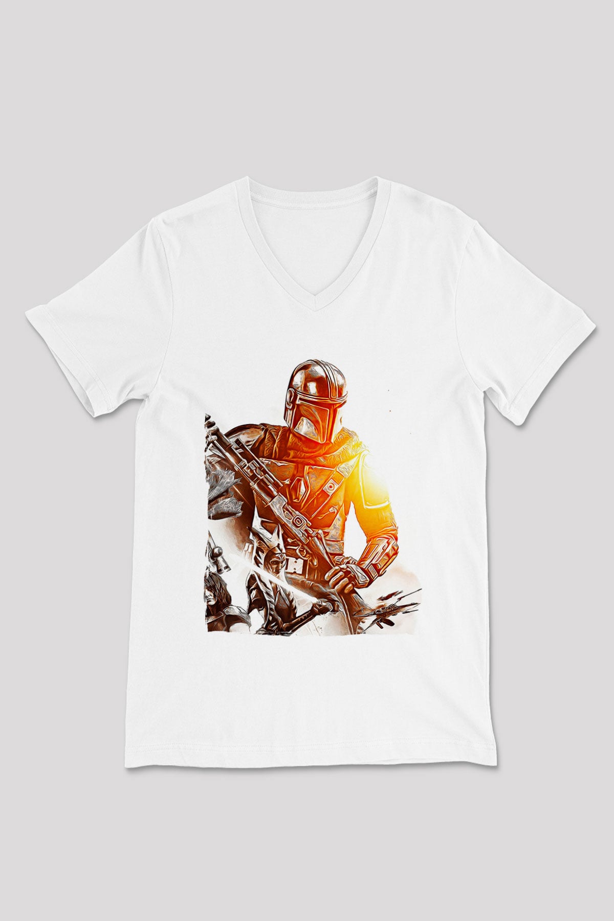 Mandolarian Baskılı Beyaz Unisex V Yaka Tişört - Tshirt