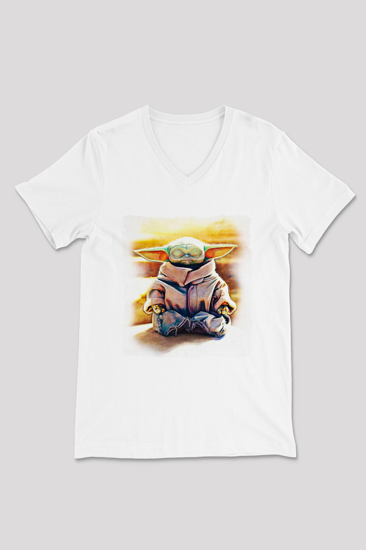 Mandolarian Baskılı Beyaz Unisex V Yaka Tişört - Tshirt