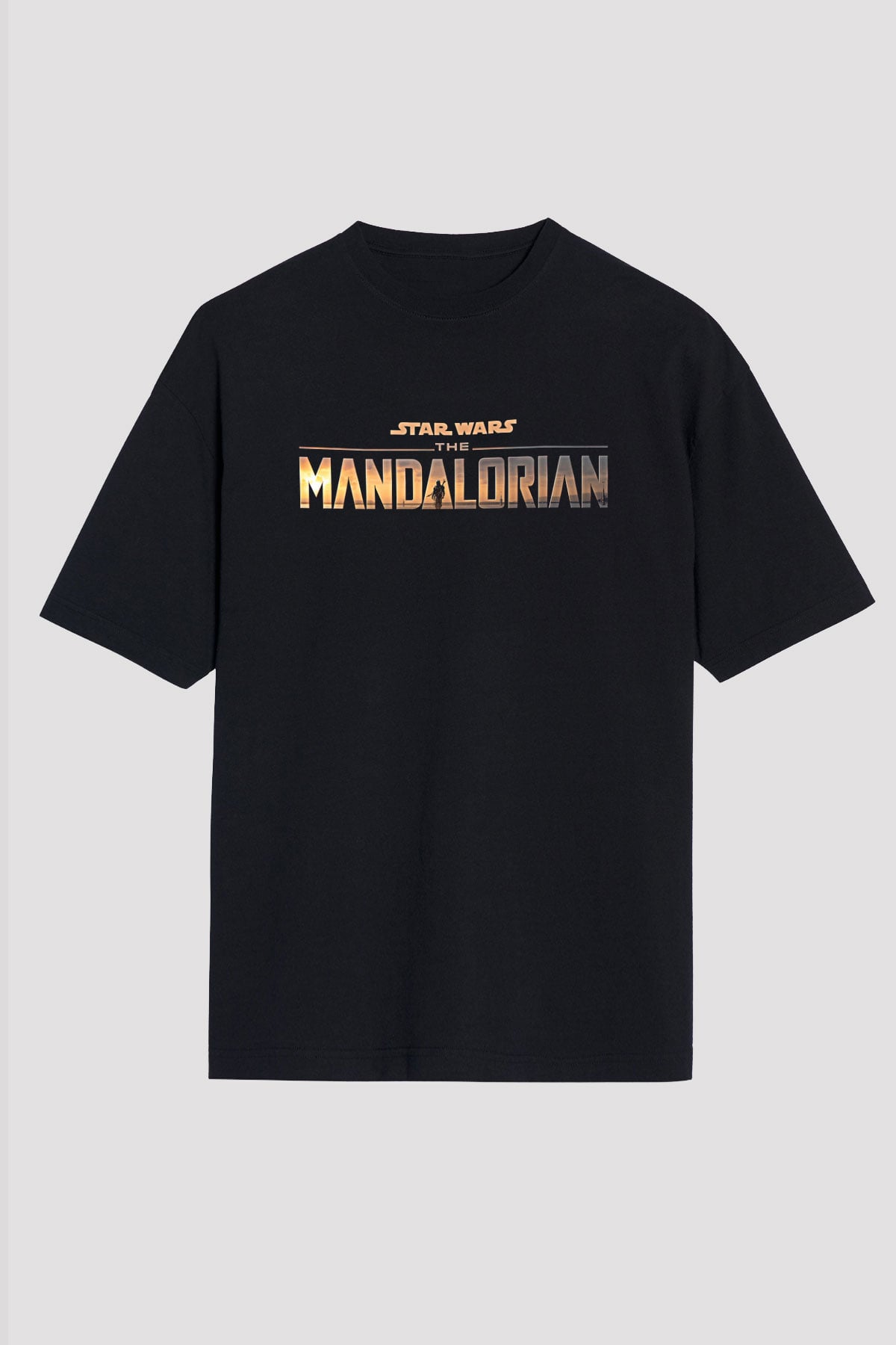 Mandolarian Baskılı Unisex Siyah Oversize Tişört - Tshirt