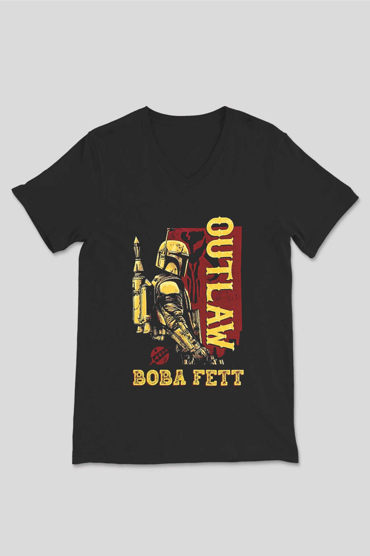 Mandolarian Baskılı Unisex Siyah V Yaka Tişört - Tshirt