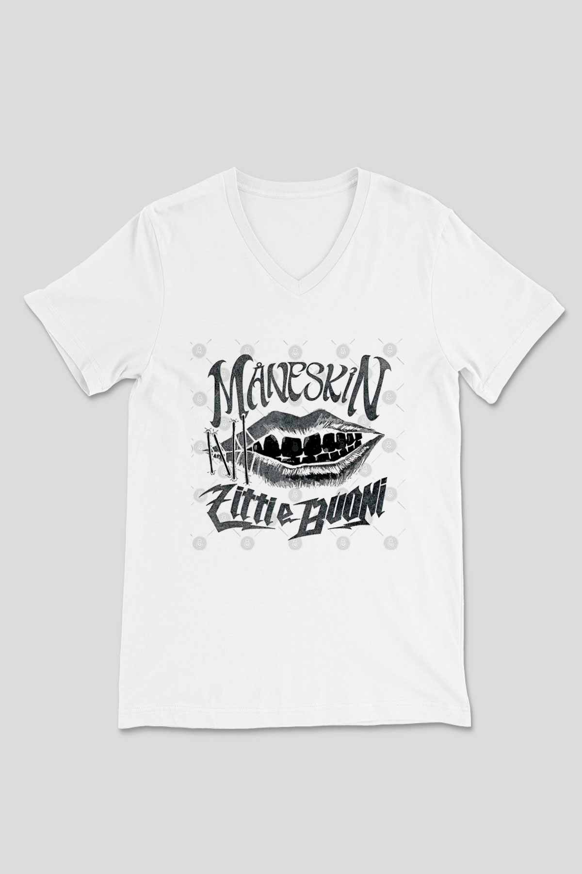 Maneskin Baskılı Beyaz Unisex V Yaka Tişört - Tshirt