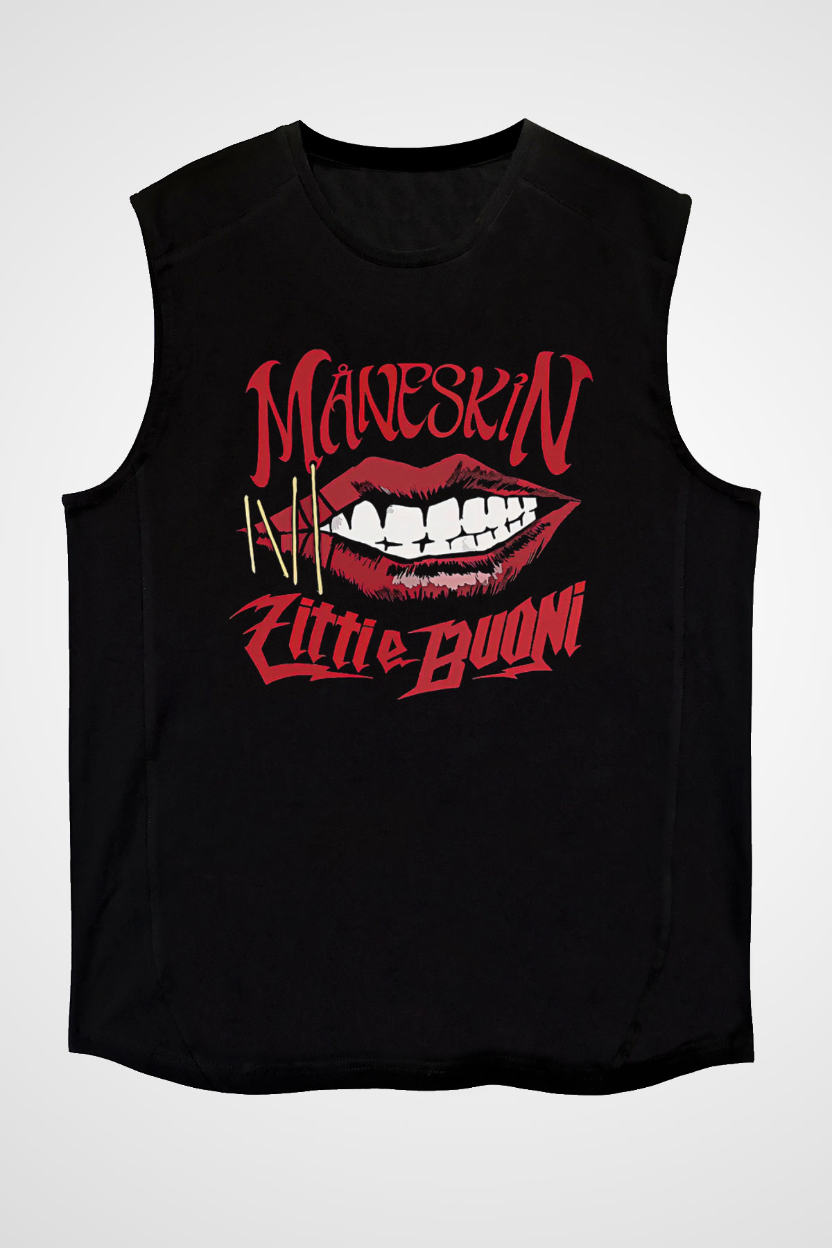 Maneskin Baskılı Unisex Siyah Kolsuz Tişört - Tshirt