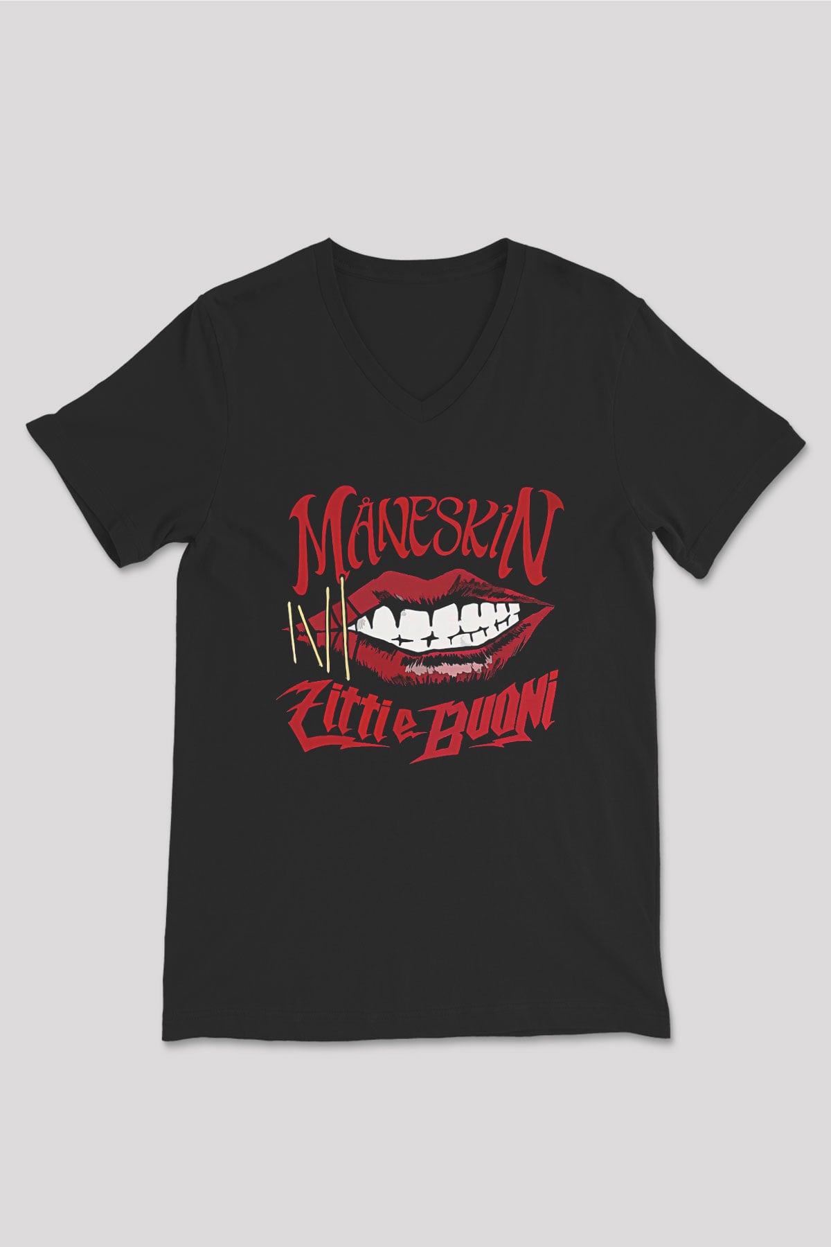 Maneskin Baskılı Unisex Siyah V Yaka Tişört - Tshirt