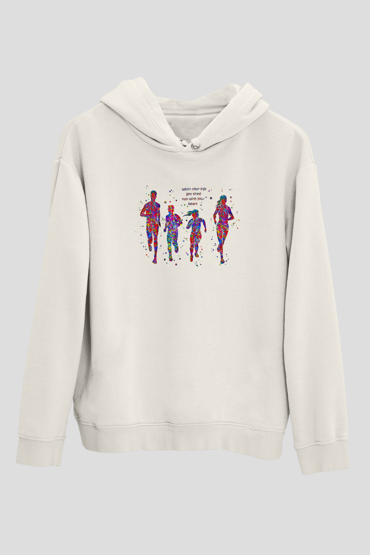 Maraton Baskılı Unisex Ekru Hoodie