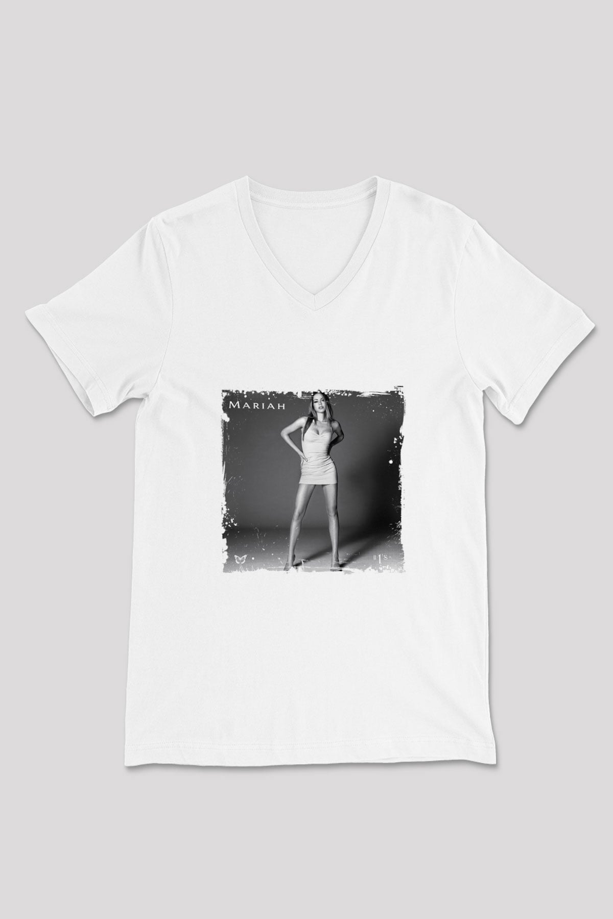Mariah Carey Baskılı Beyaz V Yaka Unisex Tişört