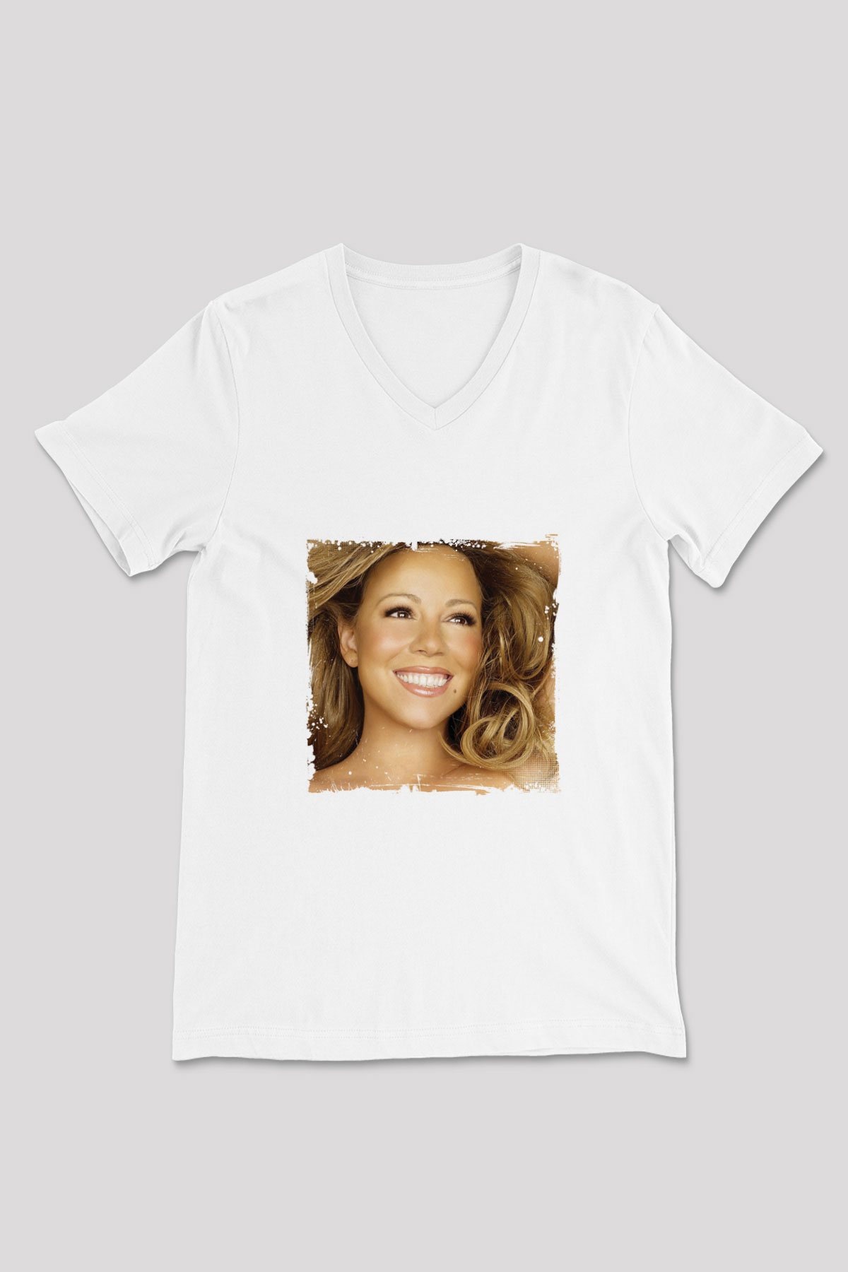 Mariah Carey Baskılı Beyaz V Yaka Unisex Tişört