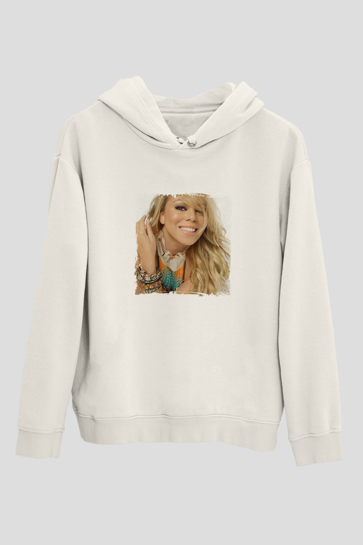 Mariah Carey Baskılı Unisex Beyaz Kapüşonlu Sweatshirt