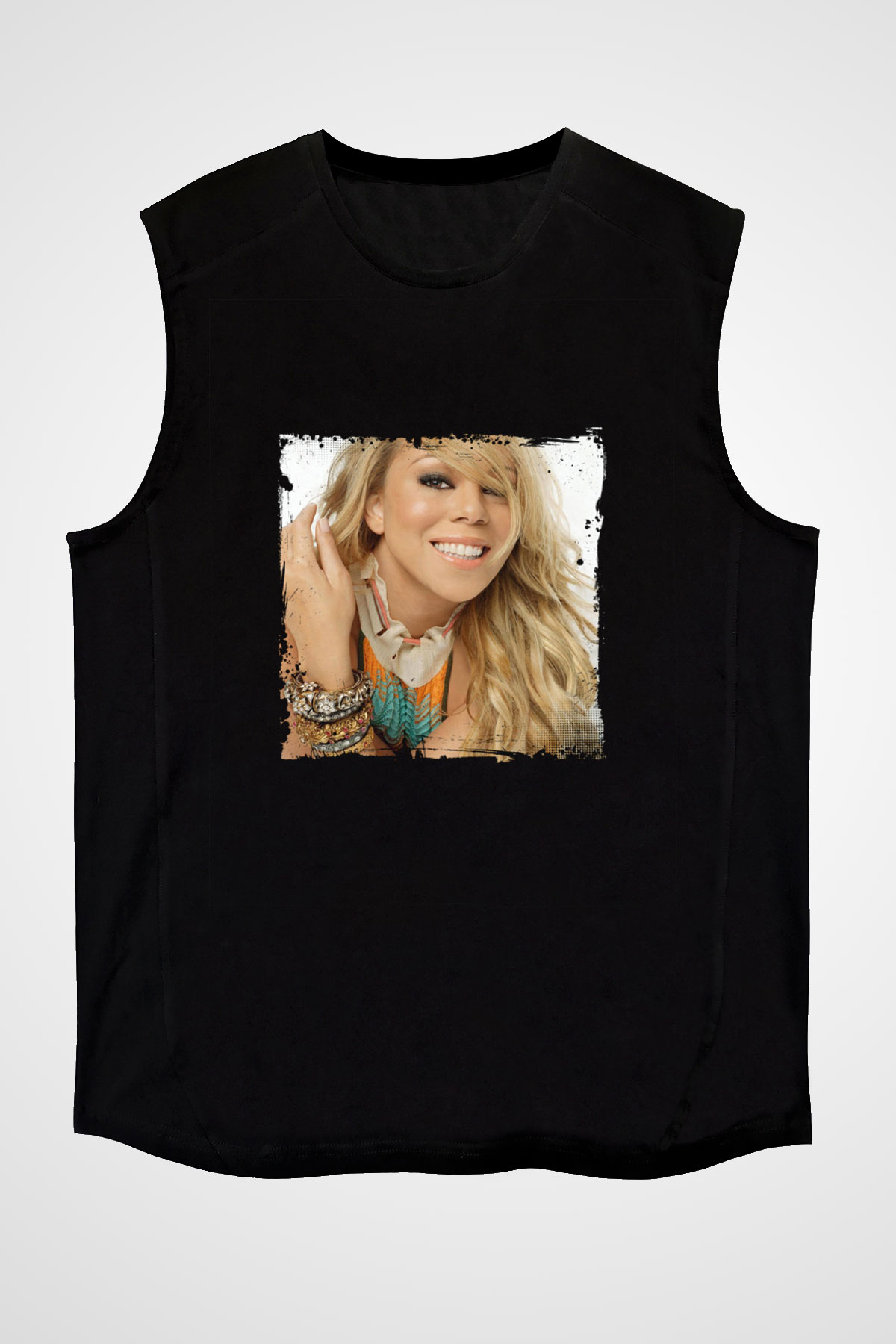 Mariah Carey Baskılı Unisex Siyah Kolsuz Tişört