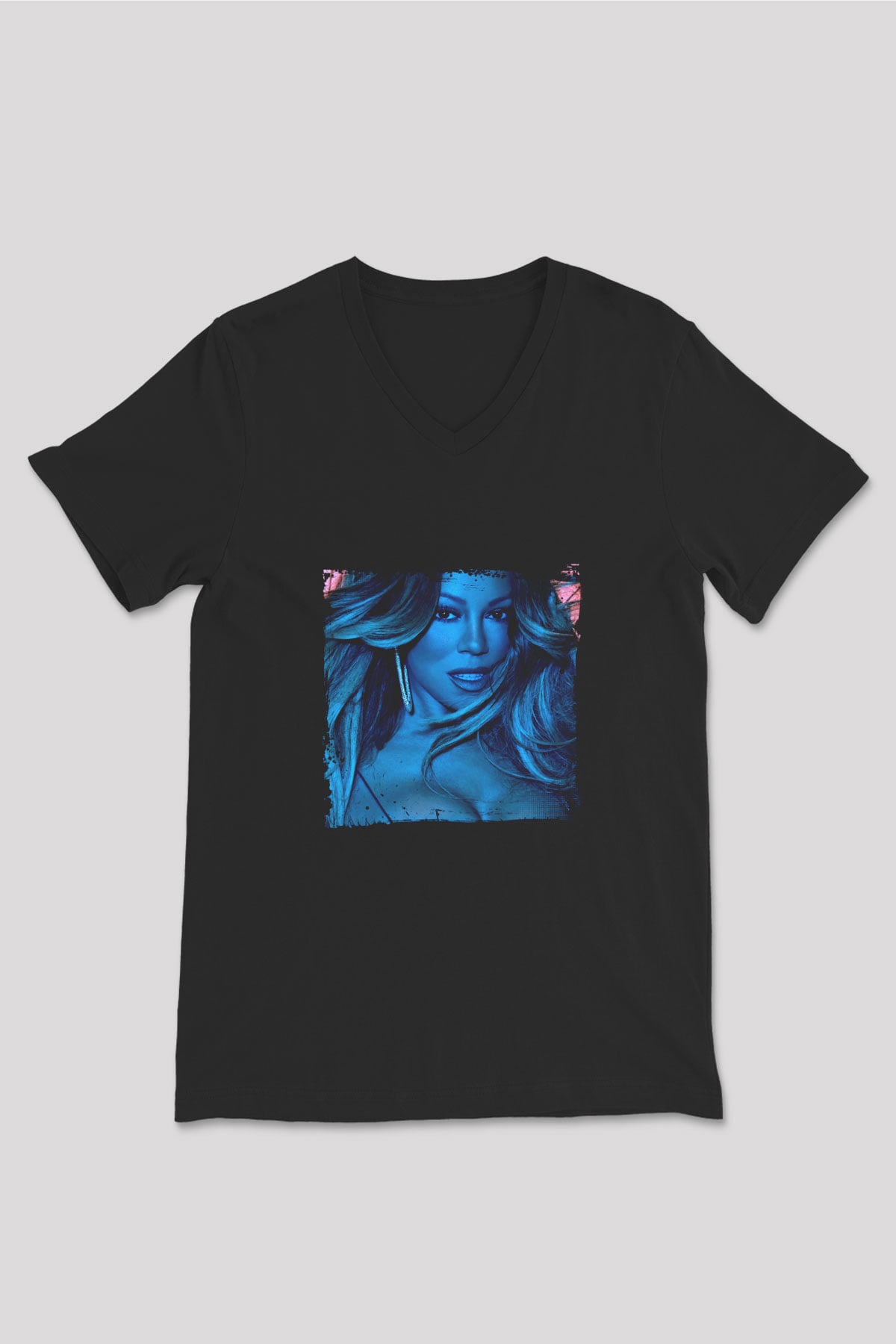 Mariah Carey Baskılı Unisex Siyah V Yaka Tişört