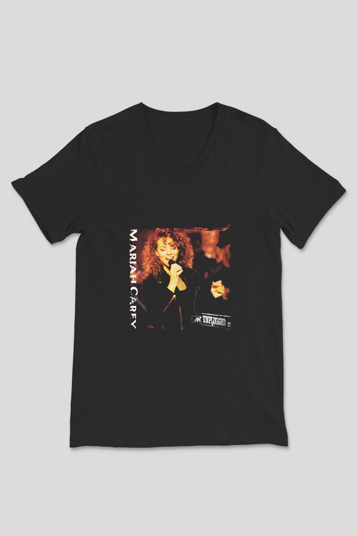 Mariah Carey Baskılı Unisex Siyah V Yaka Tişört