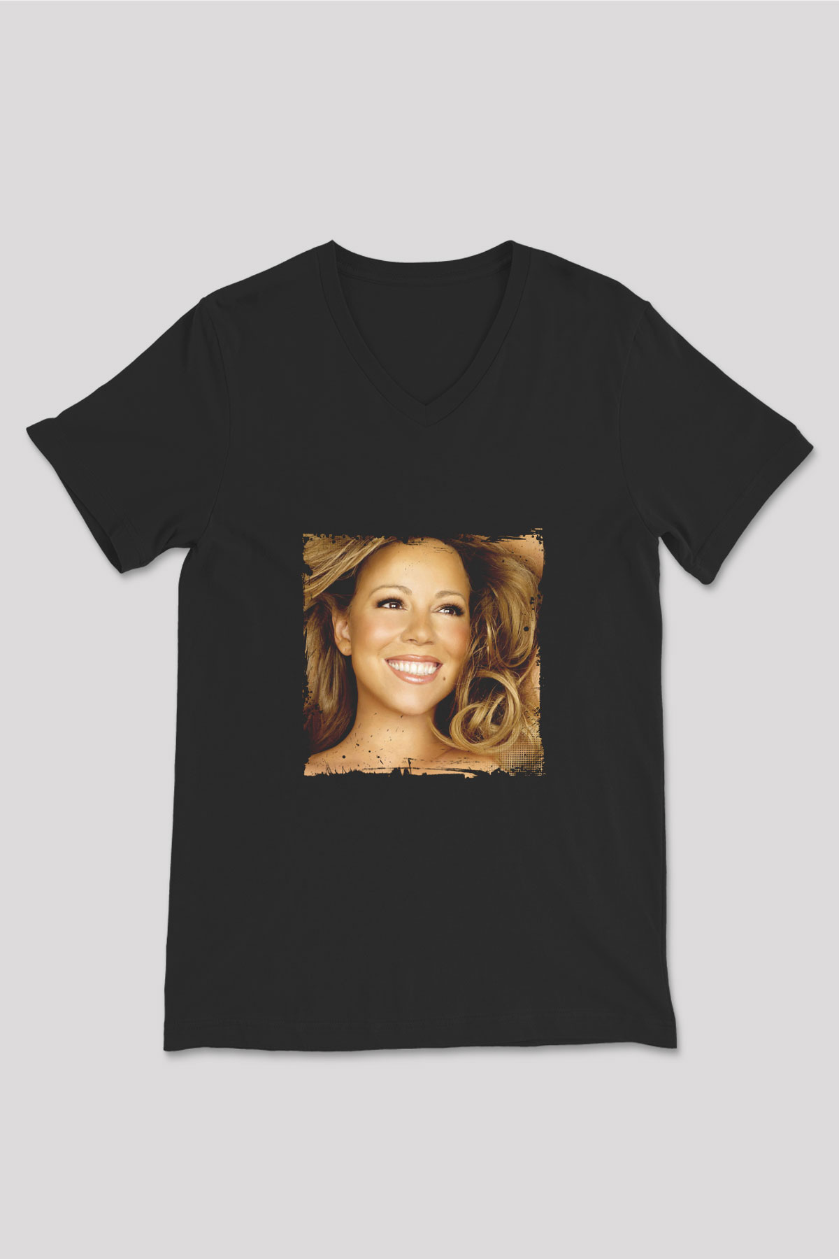Mariah Carey Baskılı Unisex Siyah V Yaka Tişört