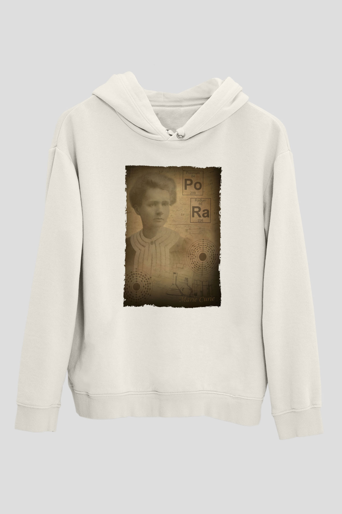 Marie Curie Baskılı Unisex Ekru Hoodie