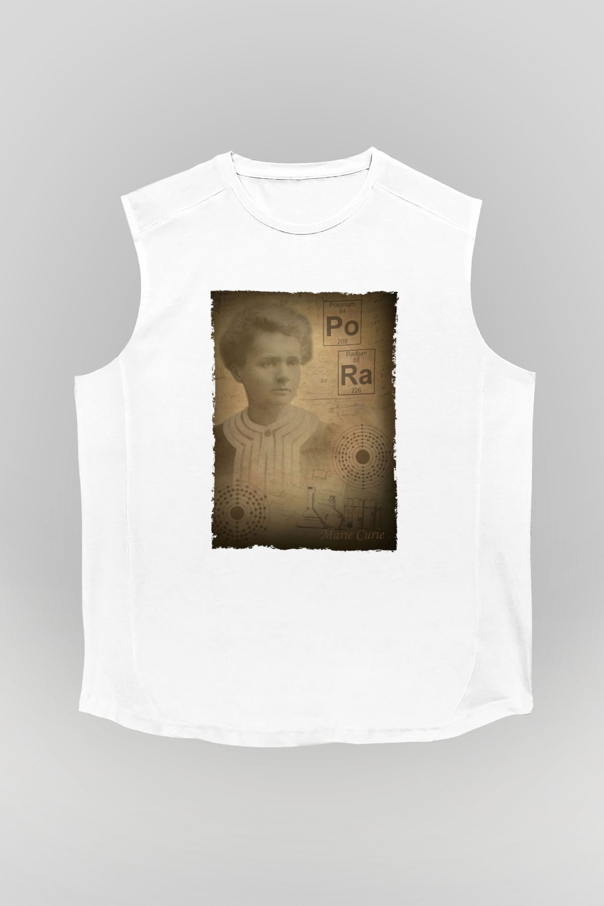 Marie Curie Baskılı Unisex Kolsuz Beyaz Tişört - Tshirt