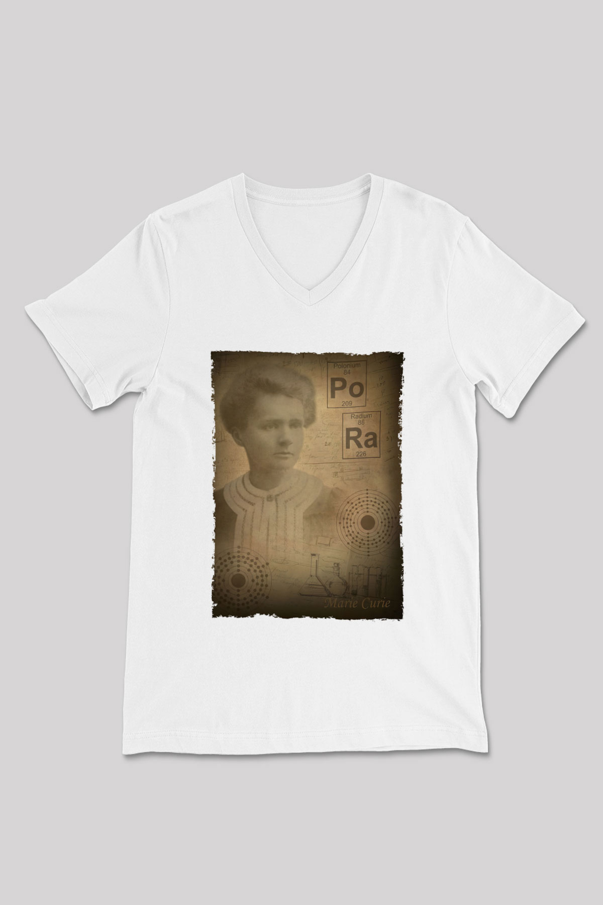 Marie Curie Baskılı Unisex V Yaka Beyaz Tişört - Tshirt