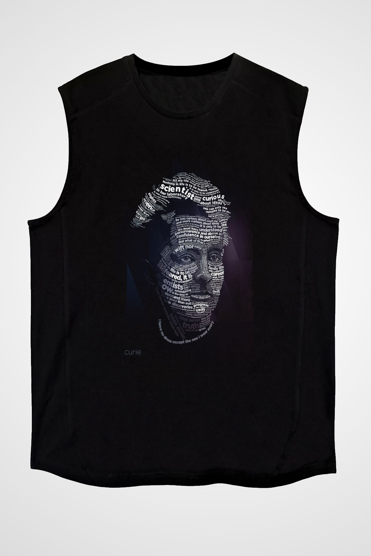 Marie Curie Tipografi Baskılı Unisex Kolsuz Siyah Tişört - Tshirt