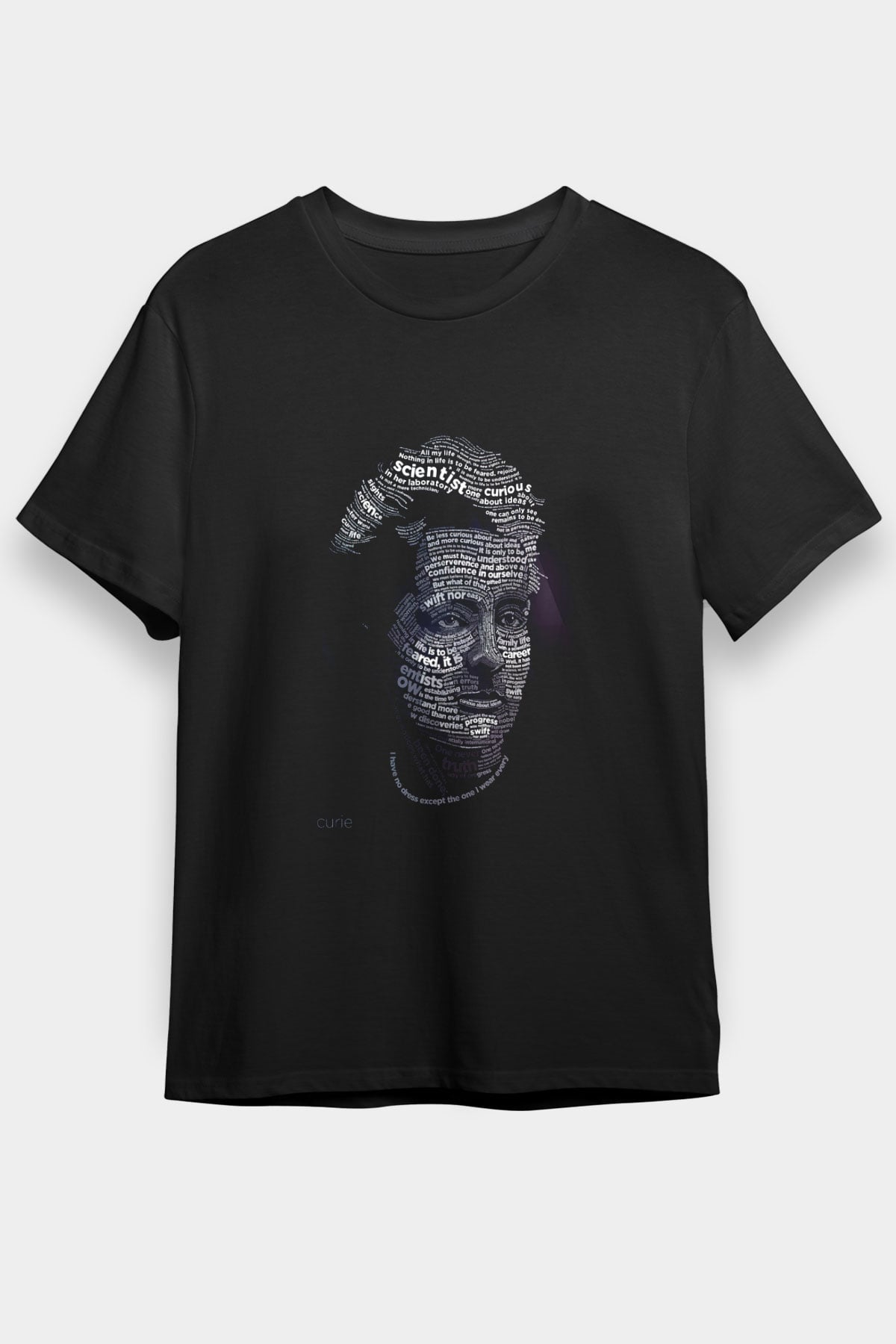 Marie Curie Tipografi Baskılı Unisex Siyah Tişört - Tshirt