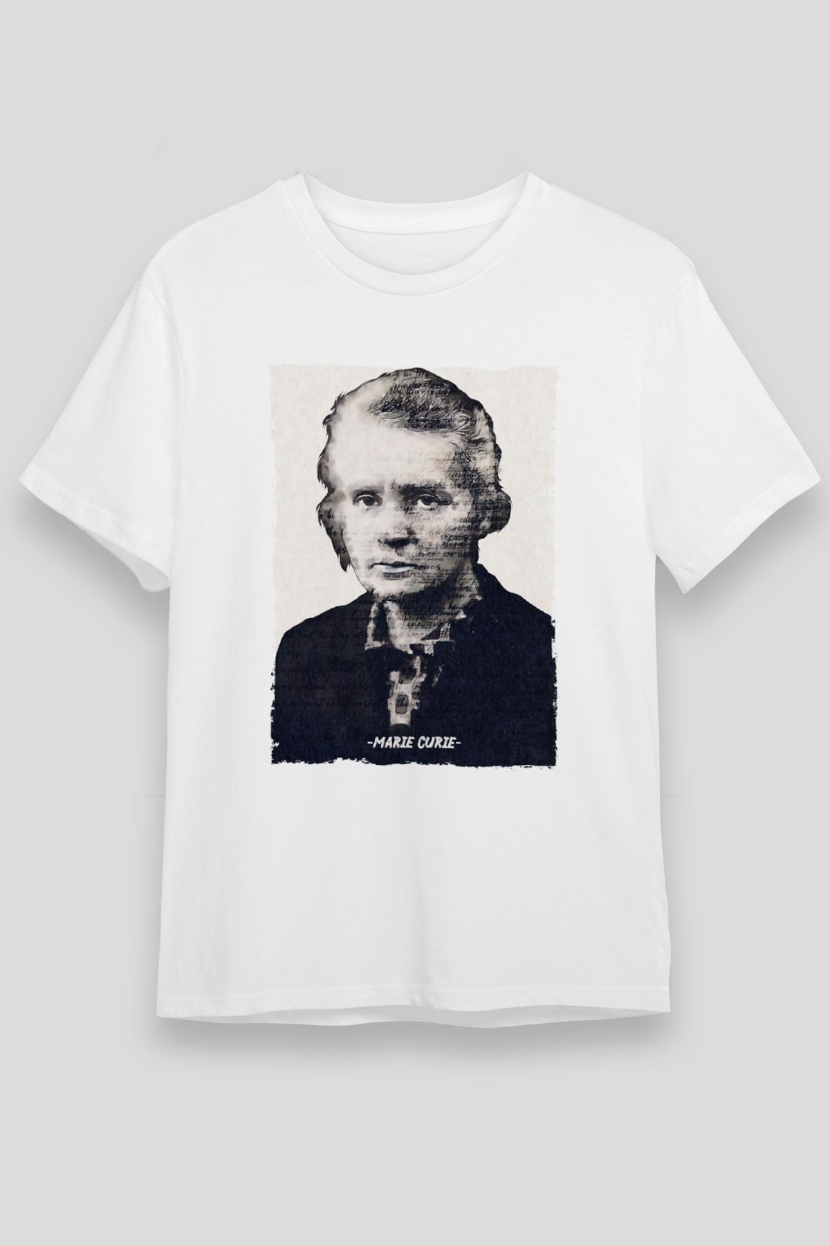 Marie Curie Yazılı Portre Baskılı Unisex Beyaz Tişört - Tshirt