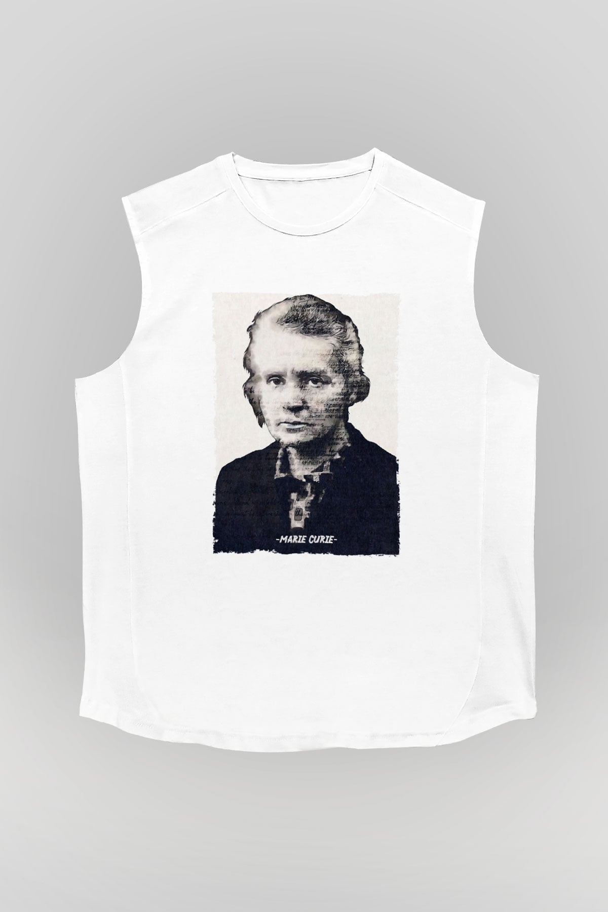 Marie Curie Yazılı Portre Baskılı Unisex Kolsuz Beyaz Tişört - Tshirt