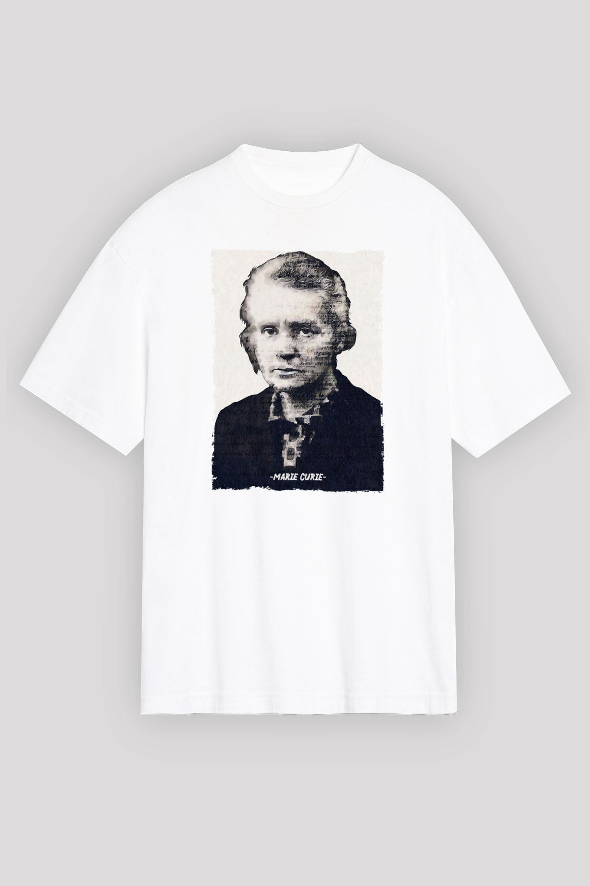 Marie Curie Yazılı Portre Baskılı Unisex Oversize Beyaz Tişört - Tshirt