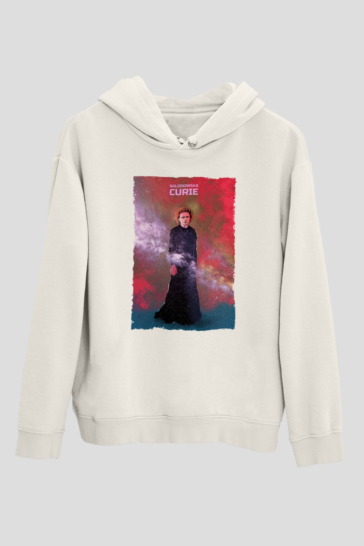 Marie Skłodowska Curie Renkli Baskılı Unisex Ekru Hoodie