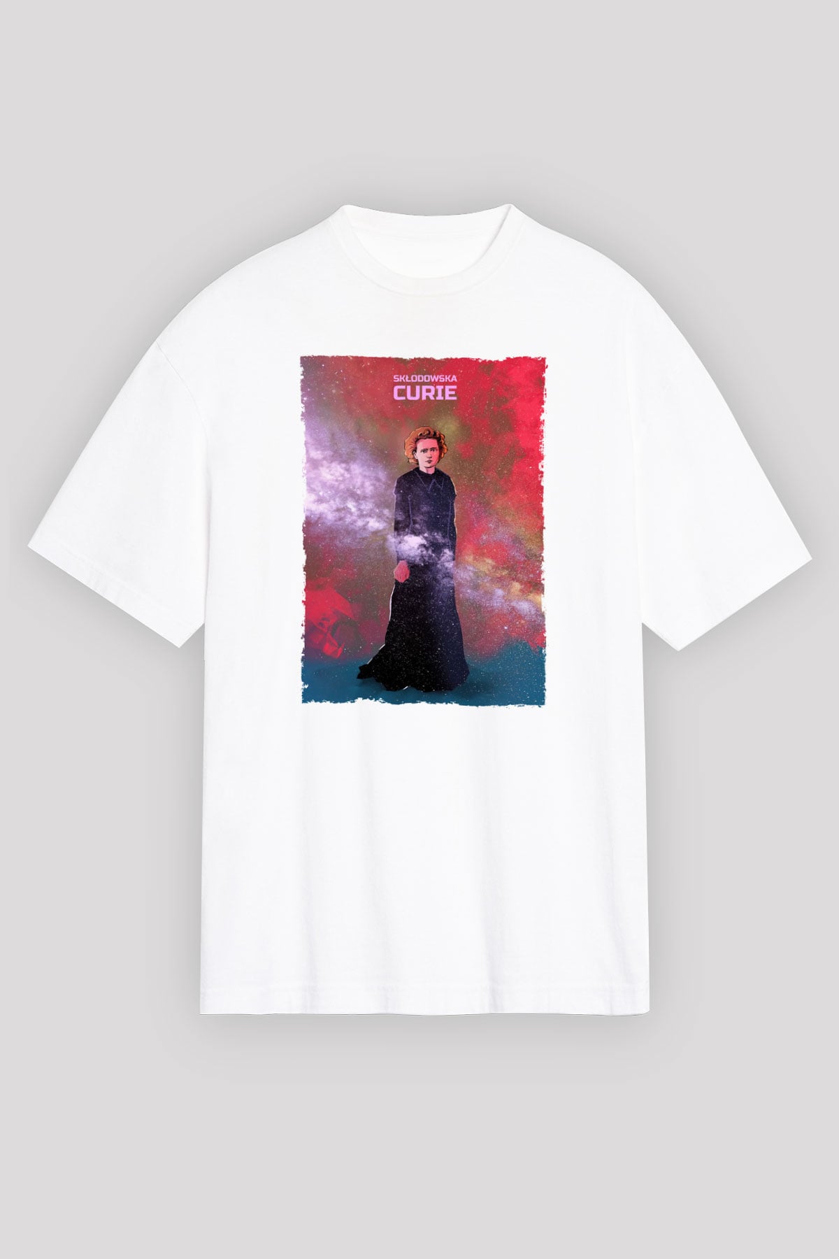 Marie Skłodowska Curie Renkli Baskılı Unisex Oversize Beyaz Tişört - Tshirt