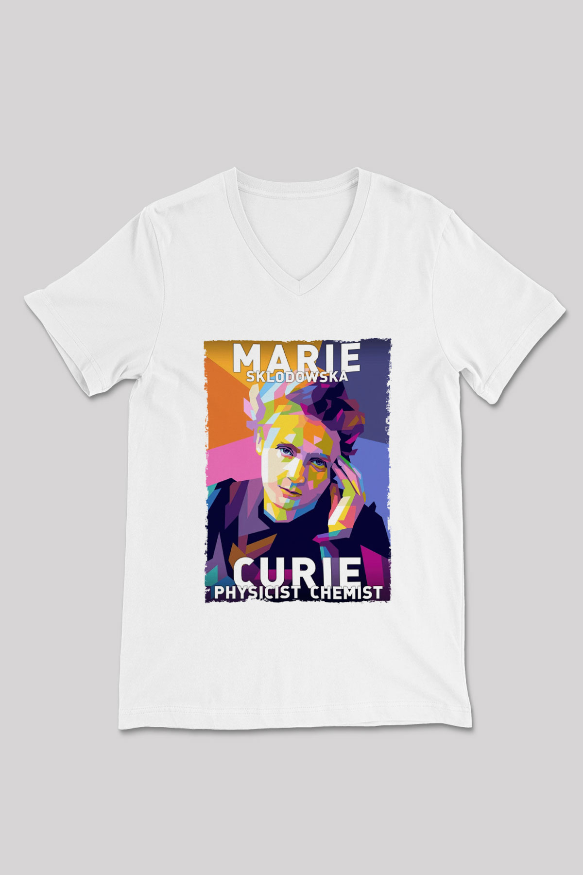 Marie Sklodowska Curie Baskılı Unisex V Yaka Beyaz Tişört - Tshirt