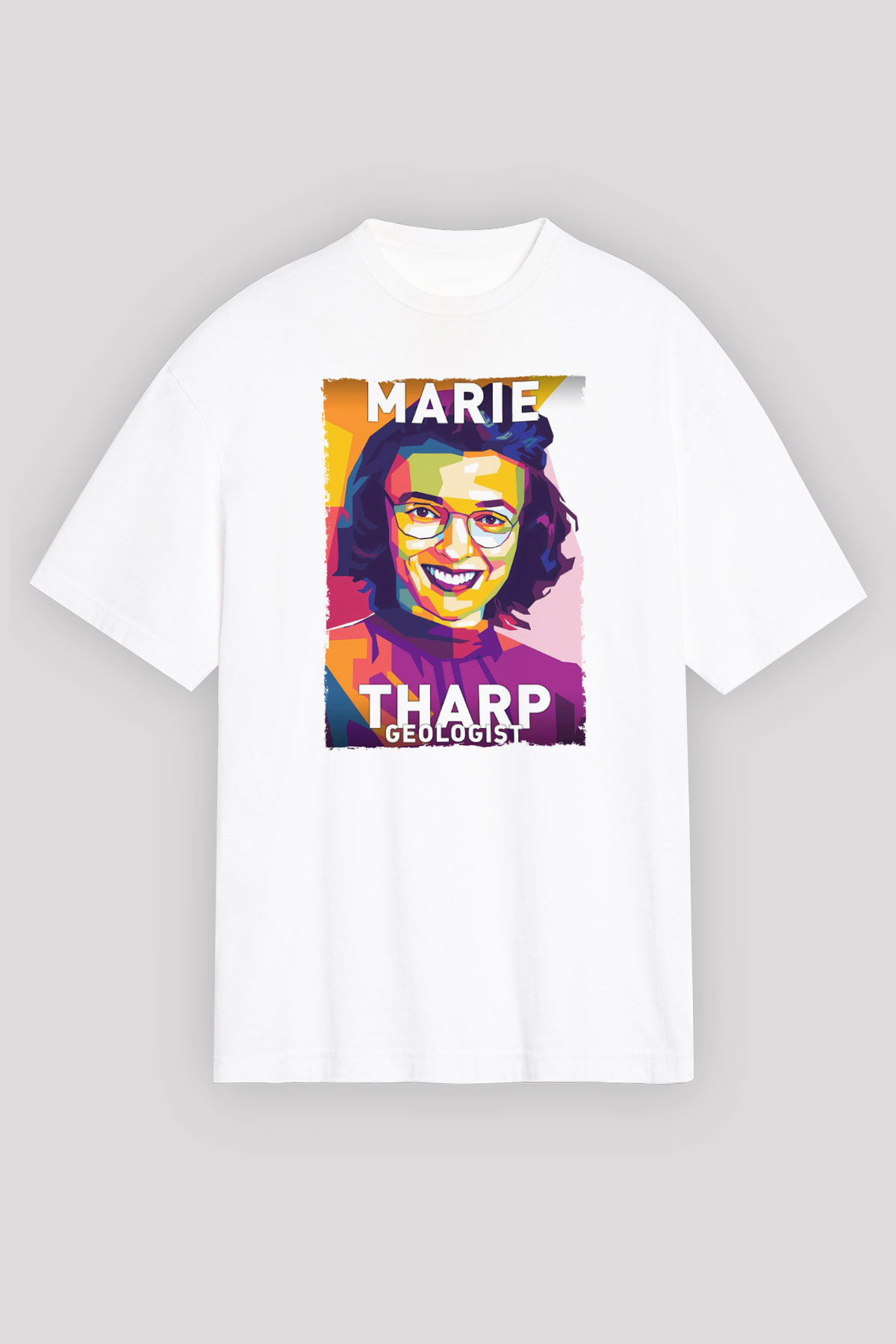 Marie Tharp Baskılı Unisex Oversize Beyaz Tişört - Tshirt