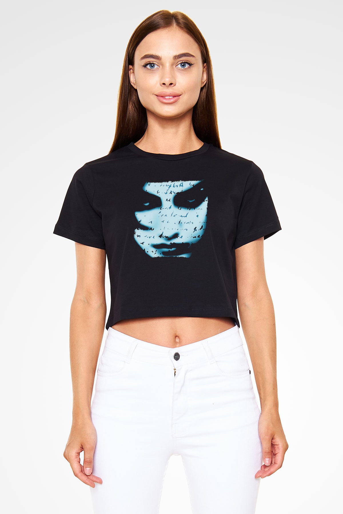 Marillion Baskılı Siyah Crop Top Kadın Tişört - Tshirt