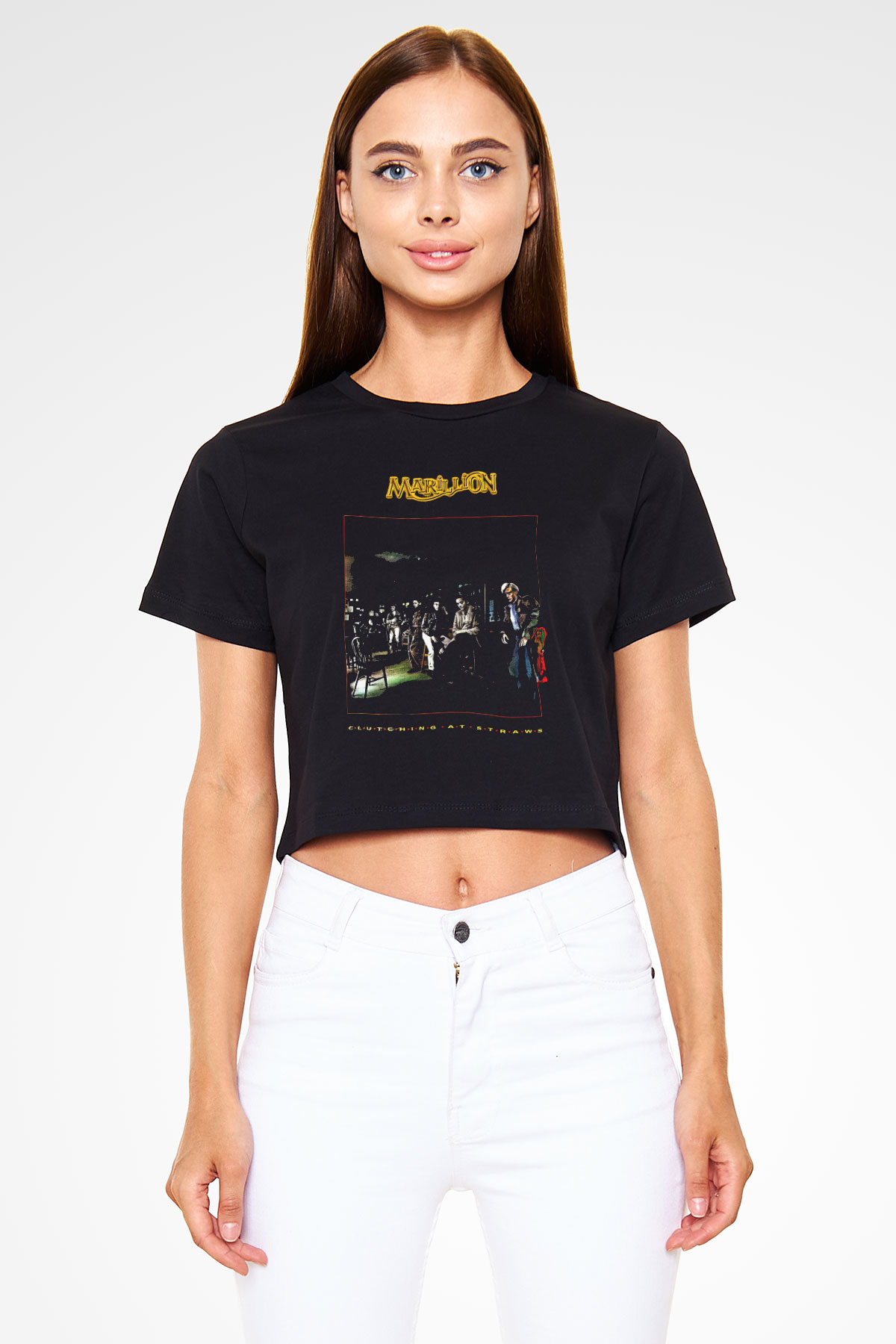 Marillion Baskılı Siyah Crop Top Kadın Tişört - Tshirt