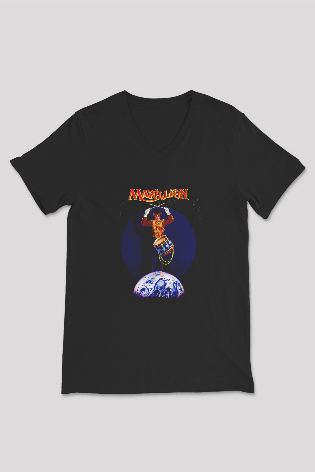 Marillion Baskılı Unisex Siyah V Yaka Tişört - Tshirt